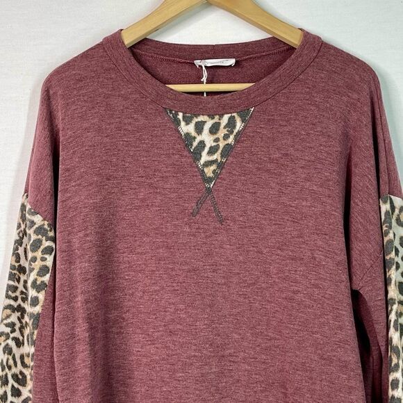 NWT First Love Brushed Fleece Leopard Patchwork Long Sleeve (Burgundy) - Large - Picture 3 of 9
